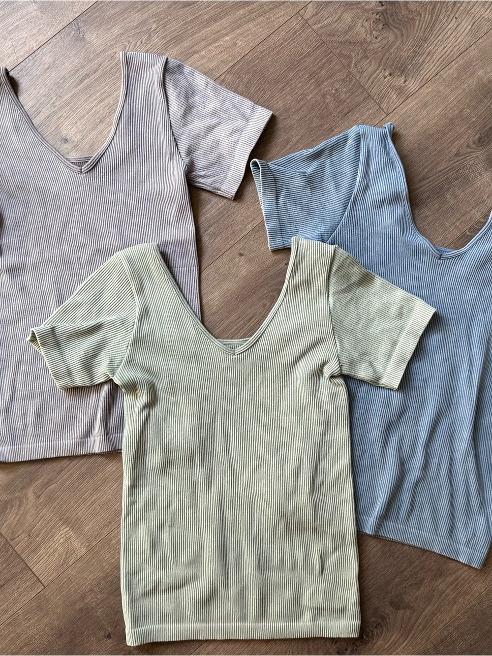 Yelete Ribbed V-Neck Short Sleeve Top - Sage Green, Dusty Blue, Gray